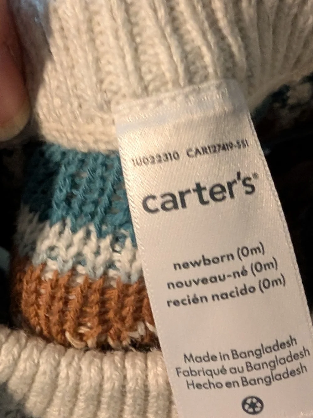 Carter's Cream Newborn Fair Isle Knit Top with Teal and Brown Accents